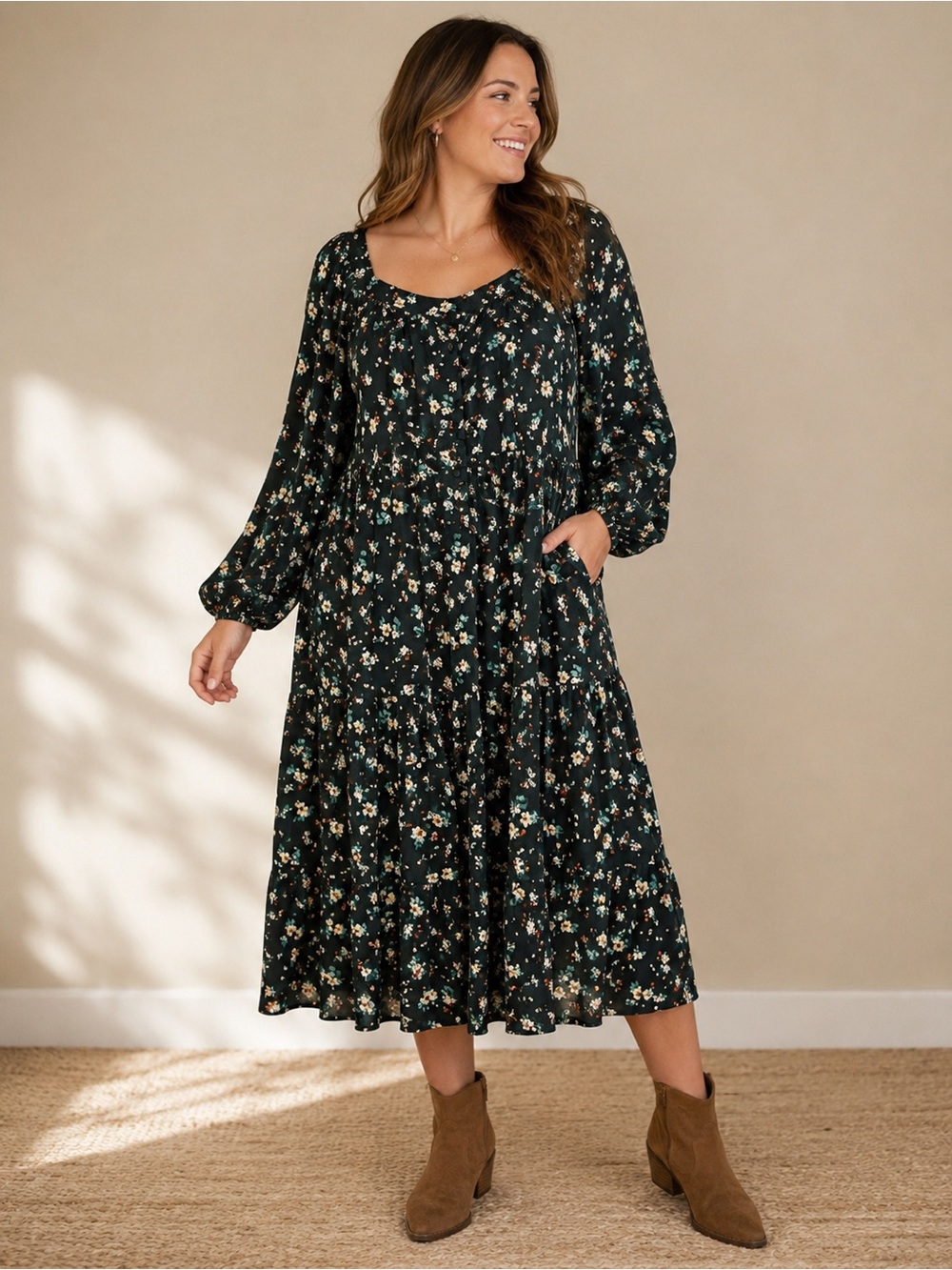 Old Navy XL Green Floral Midi Dress Puff Sleeve Tiered Cottagecore Boho